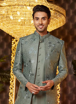 Thumbnail for Raivat Ethnic Mens Art Silk Thread Work Indo Western In Green Colour - Dista