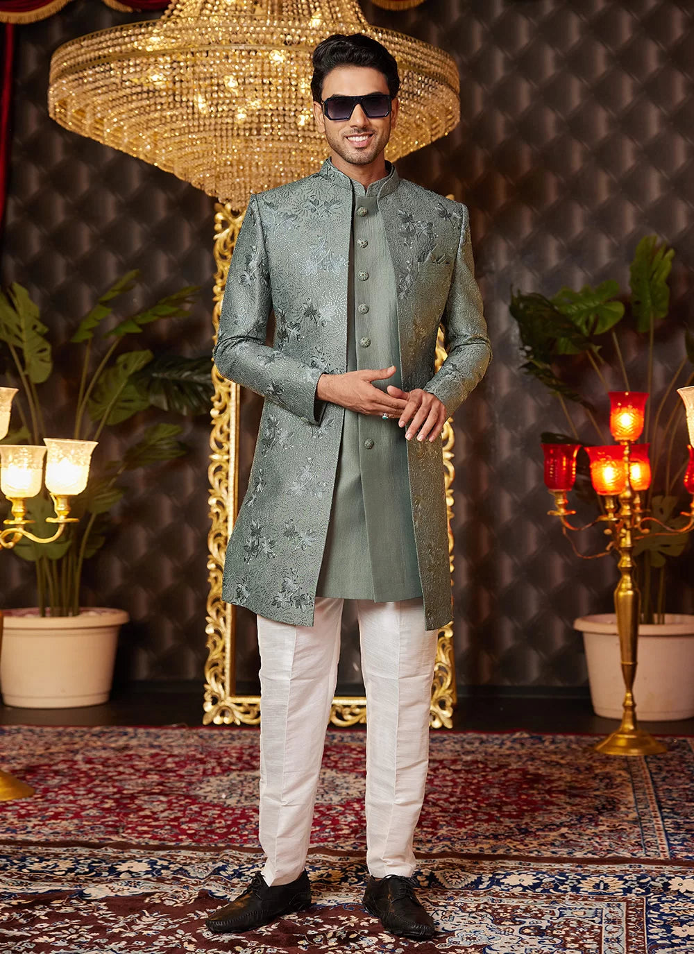 Raivat Ethnic Mens Art Silk Thread Work Indo Western In Green Colour - Dista