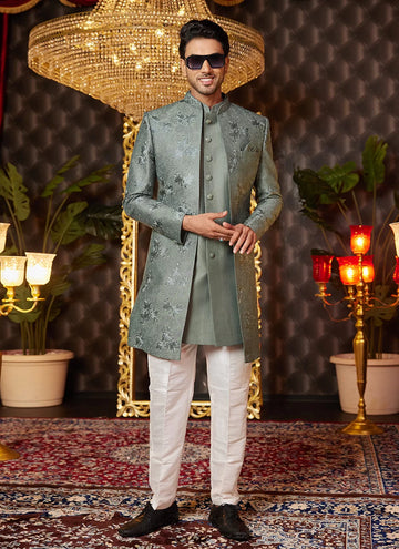 Raivat Ethnic Mens Art Silk Thread Work Indo Western In Green Colour - Dista
