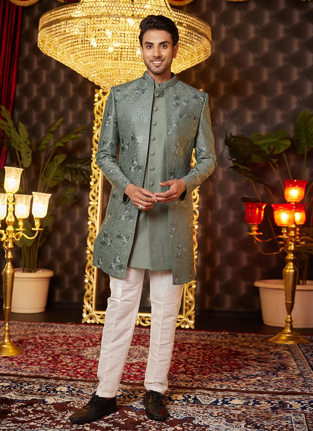 Raivat Ethnic Mens Art Silk Thread Work Indo Western In Green Colour - Dista