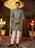 Thumbnail for Raivat Ethnic Mens Art Silk Thread Work Indo Western In Green Colour - Dista