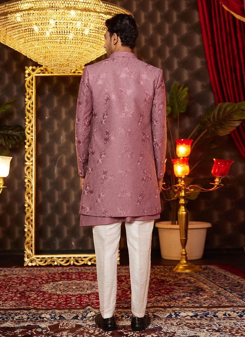 Raivat Ethnic Mens Art Silk Thread Work Indo Western In Dusty Pink Colour - Dista