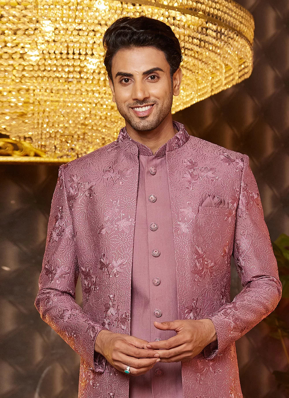 Raivat Ethnic Mens Art Silk Thread Work Indo Western In Dusty Pink Colour - Dista