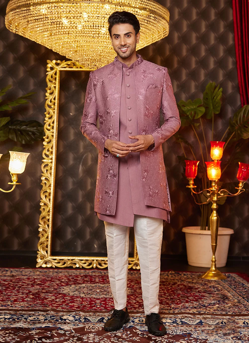 Raivat Ethnic Mens Art Silk Thread Work Indo Western In Dusty Pink Colour - Dista