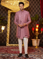 Thumbnail for Raivat Ethnic Mens Art Silk Thread Work Indo Western In Dusty Pink Colour - Dista