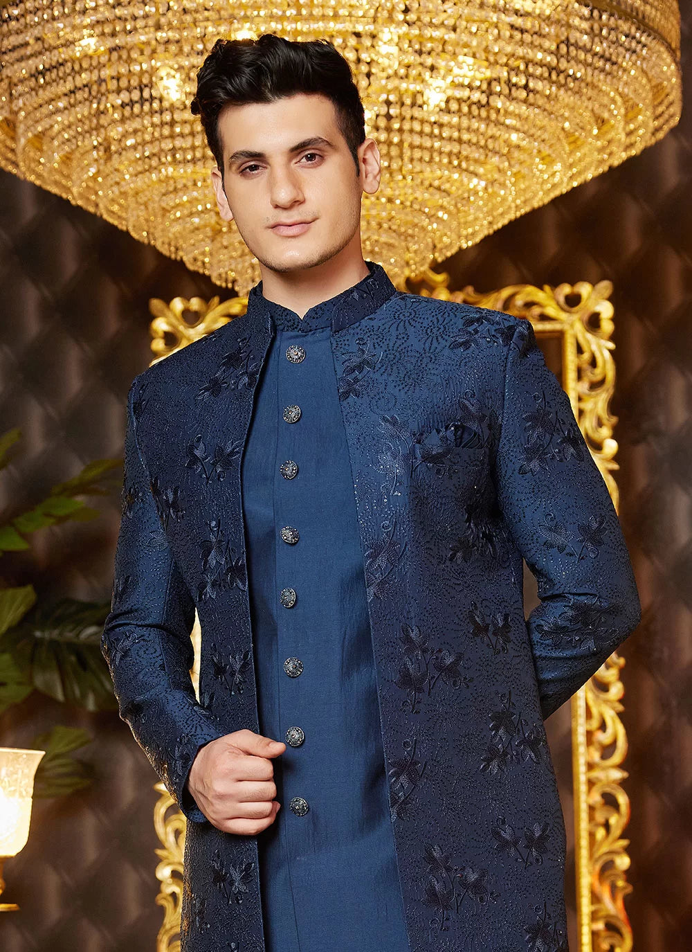 Raivat Ethnic Mens Art Silk Thread Work Indo Western In Blue Colour - Dista