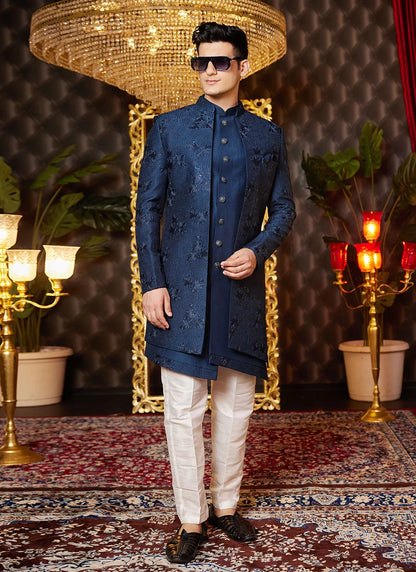 Raivat Ethnic Mens Art Silk Thread Work Indo Western In Blue Colour - Dista