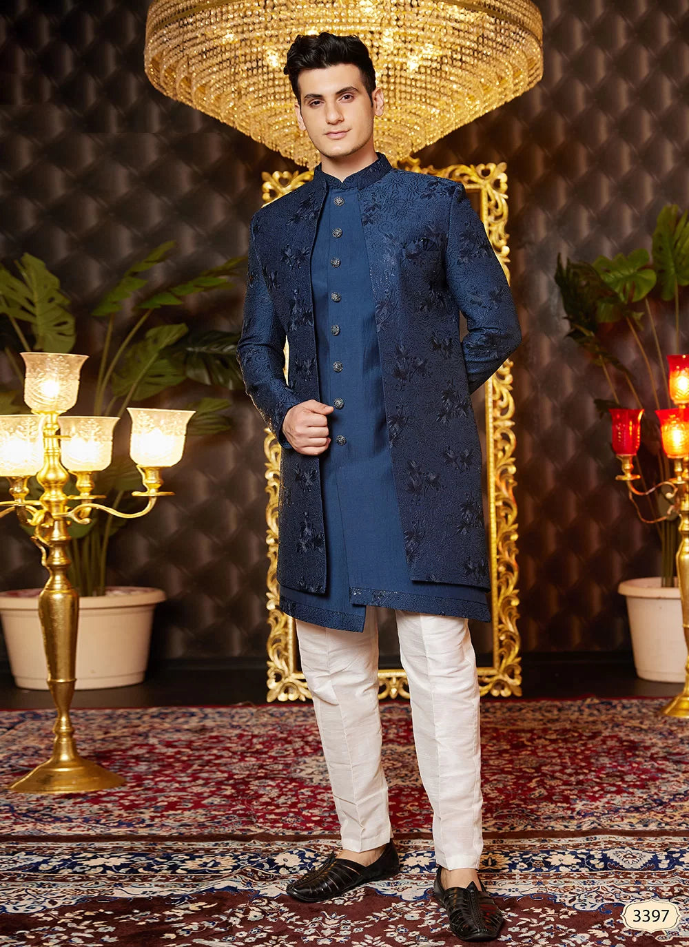 Raivat Ethnic Mens Art Silk Thread Work Indo Western In Blue Colour - Dista