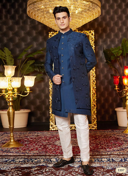 Raivat Ethnic Mens Art Silk Thread Work Indo Western In Blue Colour - Dista
