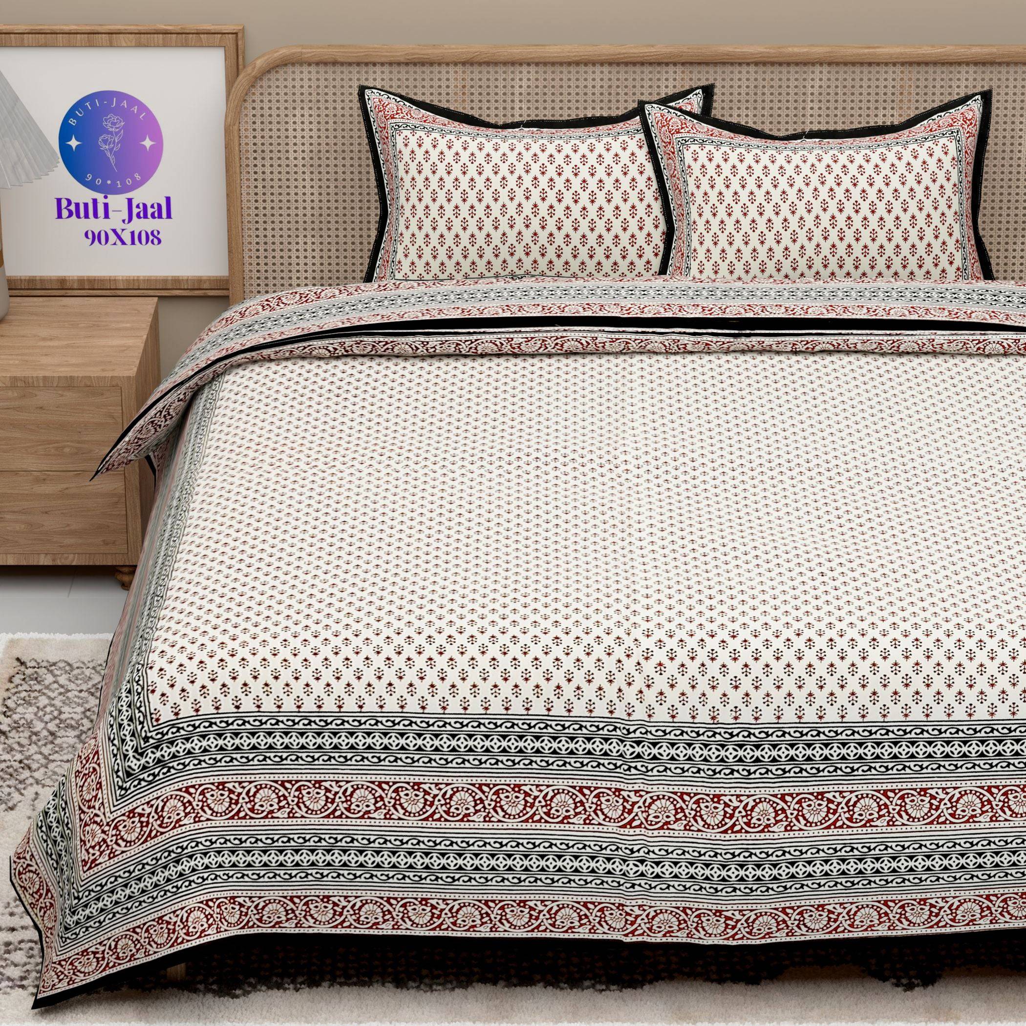 Red White Handblock Printed Cotton 200TC King Bedsheet With 2 Zipper Pillow Covers - King Size by House of Ree - Distacart