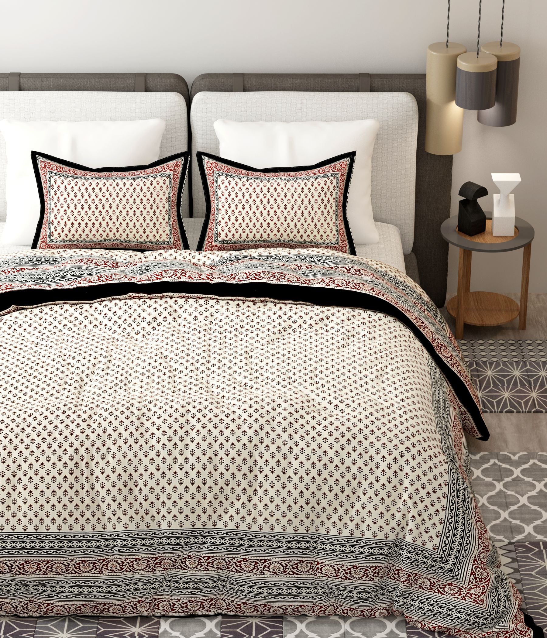 Red White Handblock Printed Cotton 200TC King Bedsheet With 2 Zipper Pillow Covers - King Size by House of Ree - Distacart