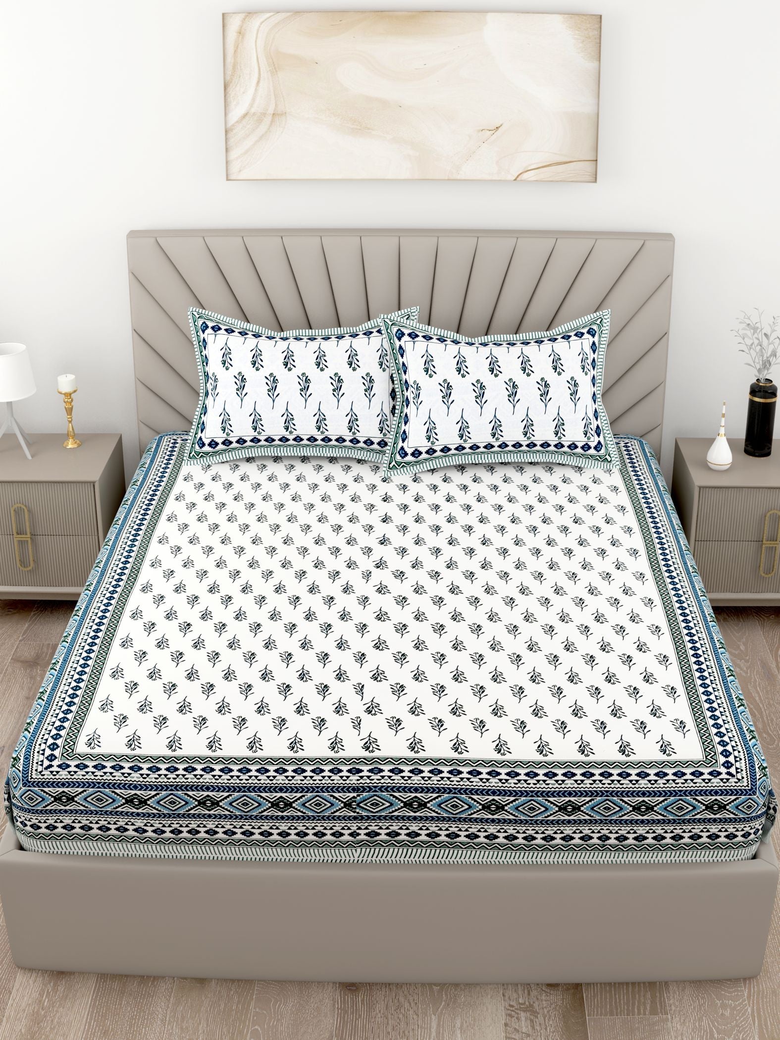 Blue Floral Printed Cotton 200TC King Bedsheet With 2 Zipper Pillow Covers - King Size by House of Ree - Distacart