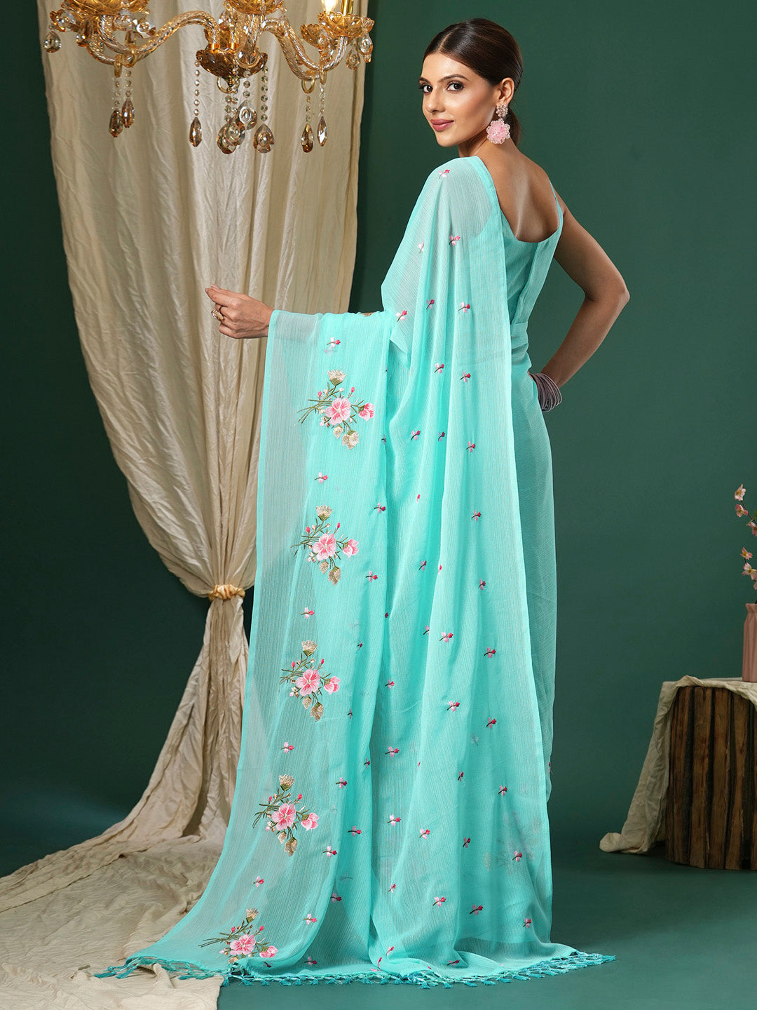 NOZ2TOZ Women's Chiffon Light Blue Embroidered Designer Saree With Blouse Piece - Distacart