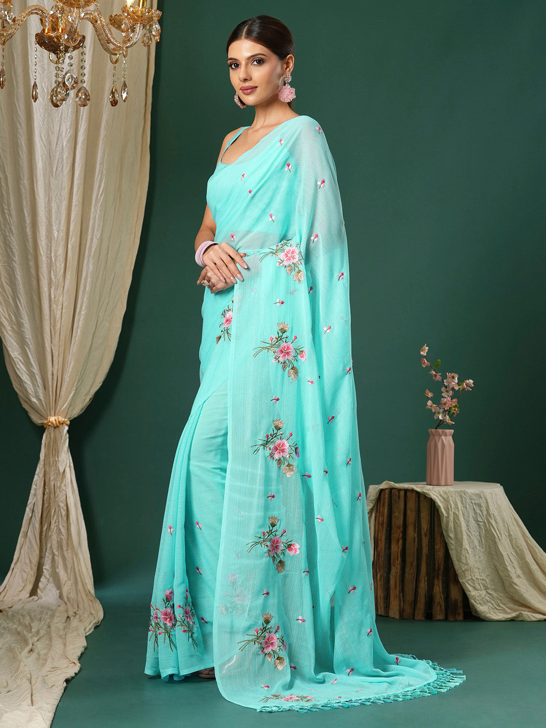 NOZ2TOZ Women's Chiffon Light Blue Embroidered Designer Saree With Blouse Piece - Distacart