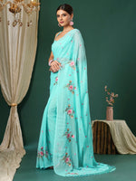 Thumbnail for NOZ2TOZ Women's Chiffon Light Blue Embroidered Designer Saree With Blouse Piece - Distacart