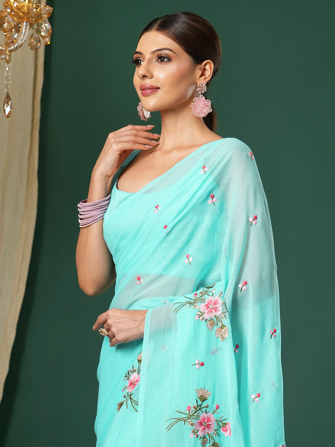 NOZ2TOZ Women's Chiffon Light Blue Embroidered Designer Saree With Blouse Piece - Distacart