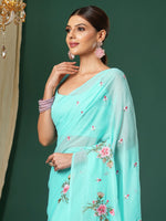 Thumbnail for NOZ2TOZ Women's Chiffon Light Blue Embroidered Designer Saree With Blouse Piece - Distacart
