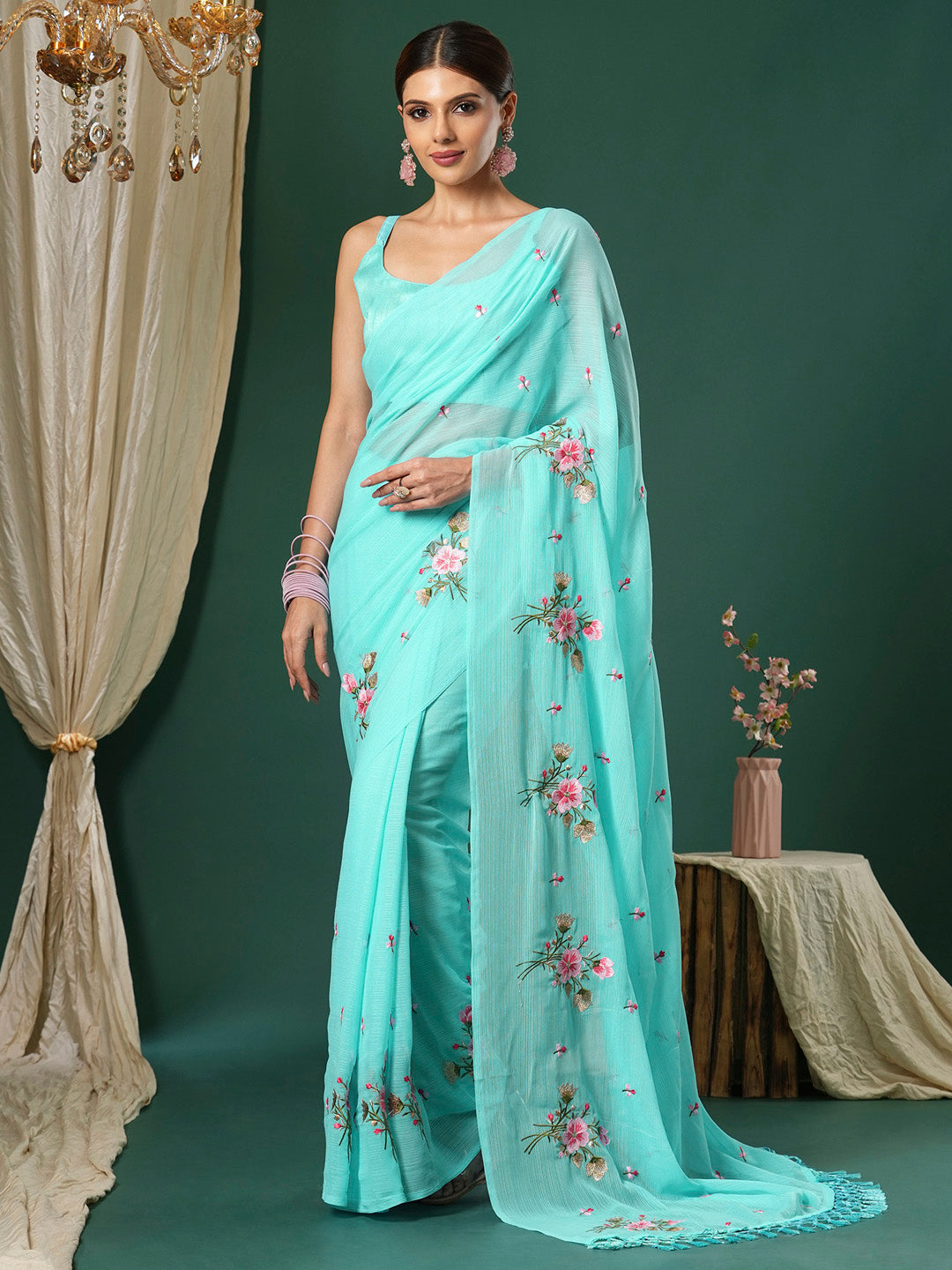 NOZ2TOZ Women's Chiffon Light Blue Embroidered Designer Saree With Blouse Piece - Distacart