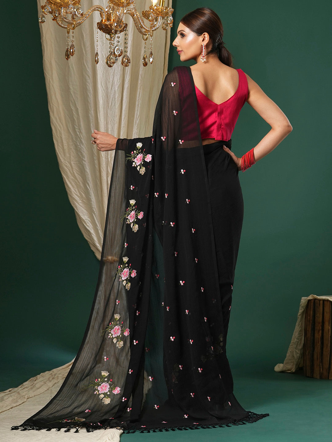 NOZ2TOZ Women's Chiffon Pink Embroidered Designer Saree With Blouse Piece - Distacart