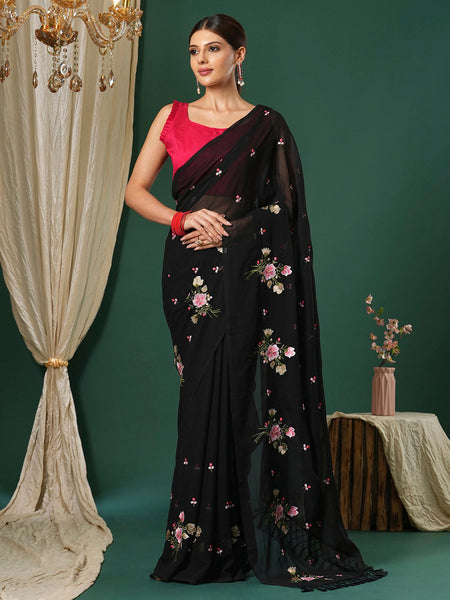 NOZ2TOZ Women's Chiffon Pink Embroidered Designer Saree With Blouse Piece - Distacart