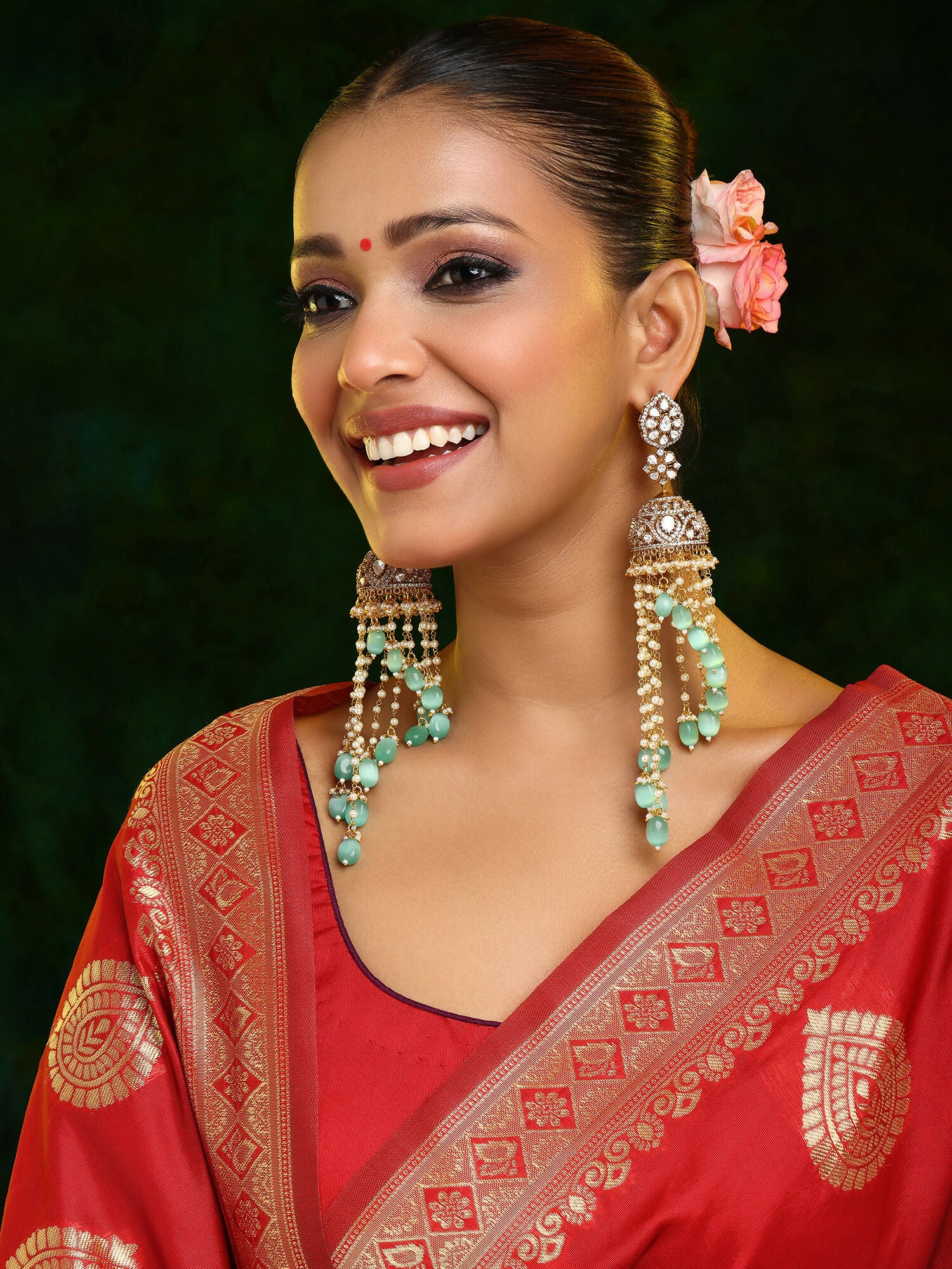 Ruby Raang 22k Gold Polished Diamond And Stone Jhumka Earrings