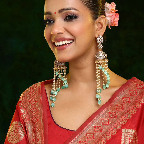 Ruby Raang 22k Gold Polished Diamond And Stone Jhumka Earrings