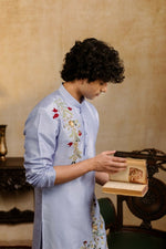 Thumbnail for Falling Raw Silk Power Blue Botanical Bloom Kurta Set By Hilo Design