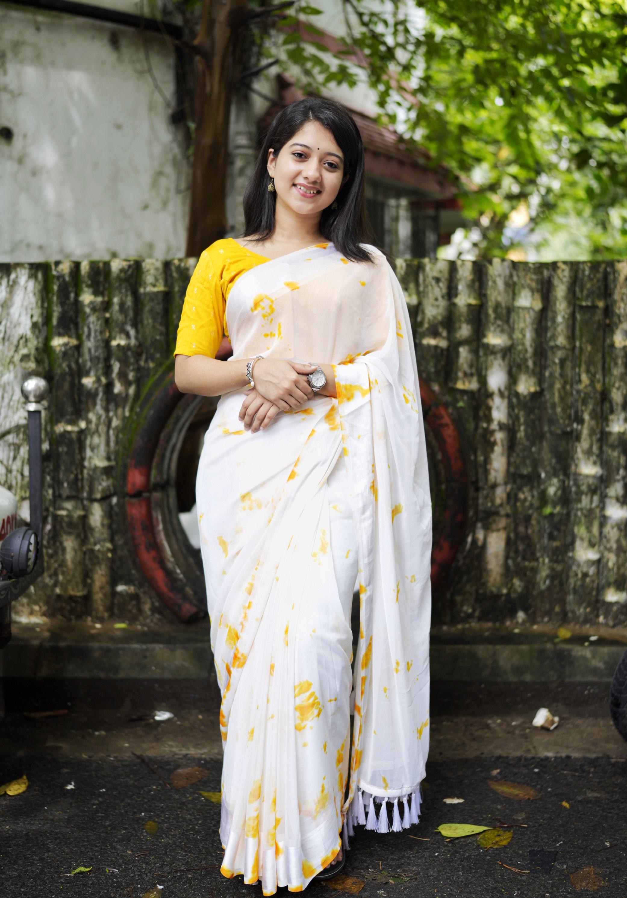 Yellow Poly Georgette Tie and Dye Saree with Unstitched Blouse - Hiral Fashion - Distacart