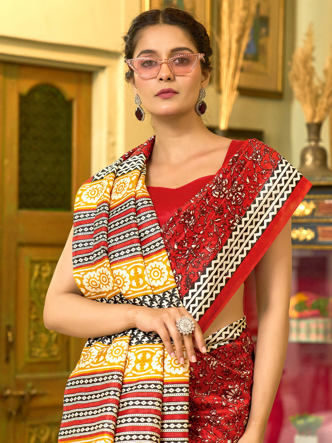 NOZ2TOZ Women's Bhagalpuri Silk Red Printed Designer Saree With Blouse Piece - Distacart