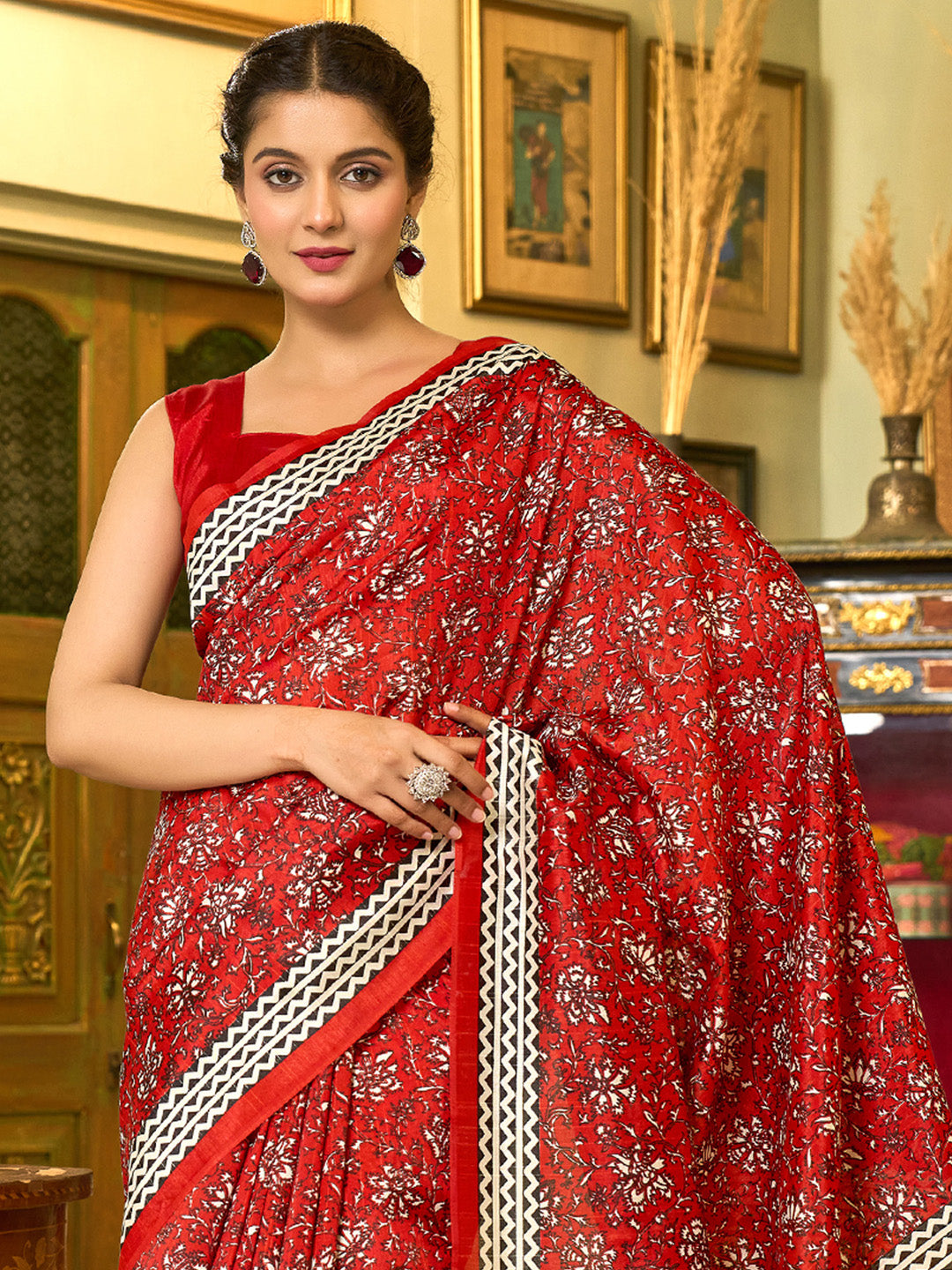 NOZ2TOZ Women's Bhagalpuri Silk Red Printed Designer Saree With Blouse Piece - Distacart