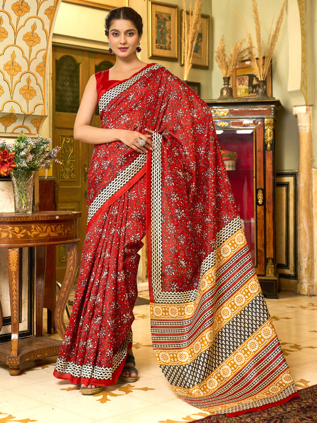 NOZ2TOZ Women's Bhagalpuri Silk Red Printed Designer Saree With Blouse Piece - Distacart
