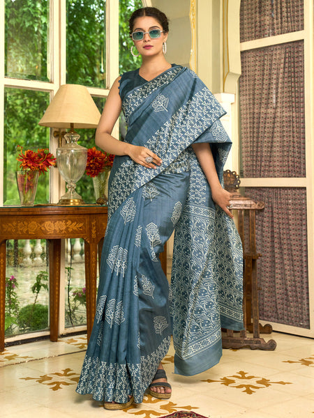 NOZ2TOZ Women's Bhagalpuri Silk Grey Printed Designer Saree With Blouse Piece - Distacart