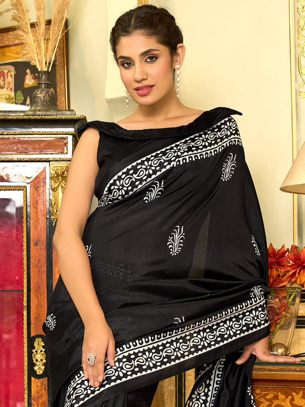 NOZ2TOZ Women's Bhagalpuri Silk Black Printed Designer Saree With Blouse Piece - Distacart