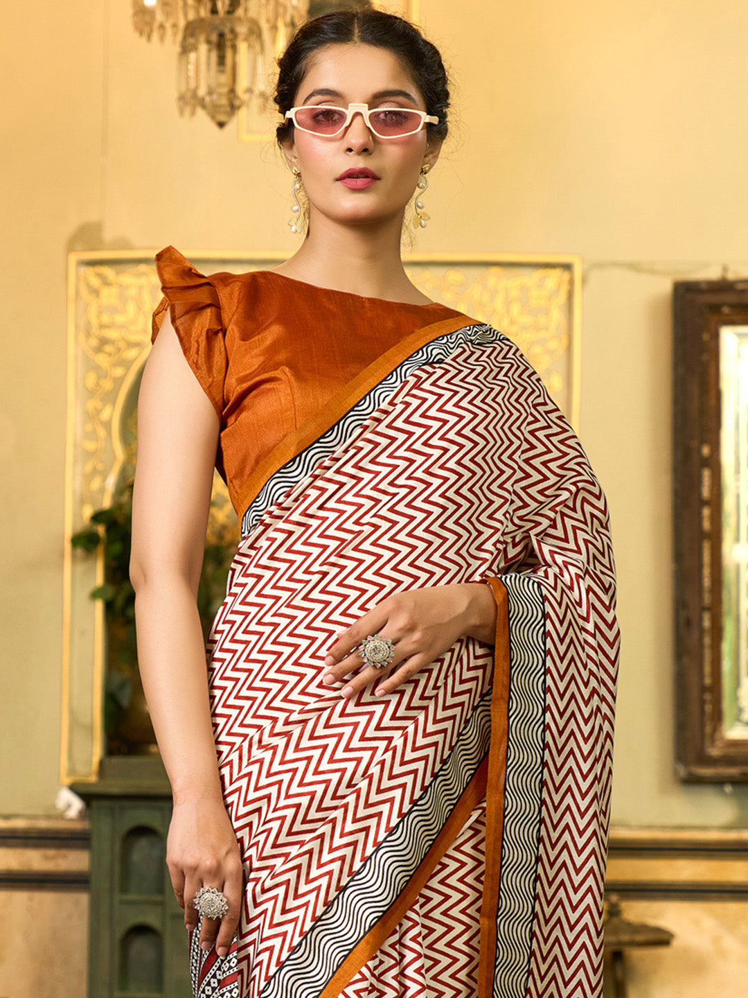 NOZ2TOZ Women's Bhagalpuri Silk Camel Brown Printed Designer Saree With Blouse Piece - Distacart