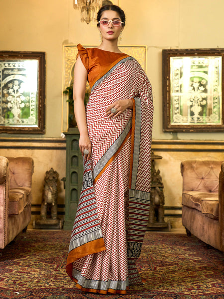NOZ2TOZ Women's Bhagalpuri Silk Camel Brown Printed Designer Saree With Blouse Piece - Distacart