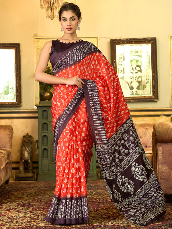 NOZ2TOZ Women's Bhagalpuri Silk Black Printed Designer Saree With Blouse Piece - Distacart