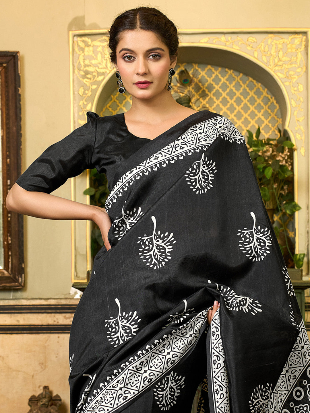 NOZ2TOZ Women's Bhagalpuri Silk Black Printed Designer Saree With Blouse Piece - Distacart