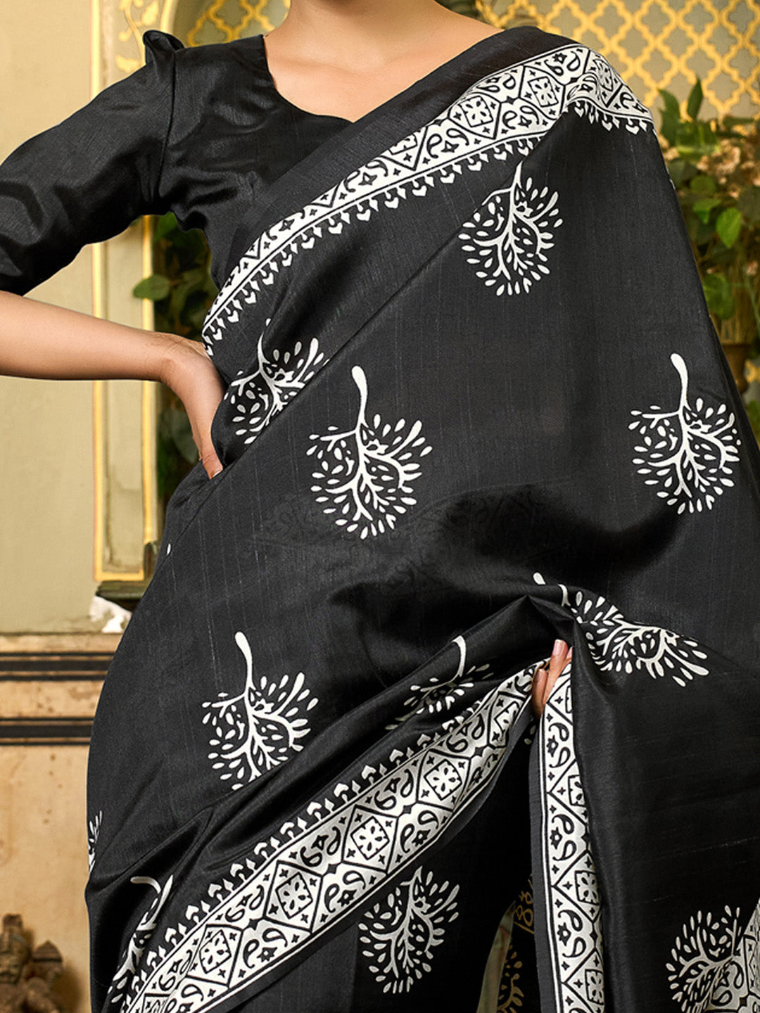NOZ2TOZ Women's Bhagalpuri Silk Black Printed Designer Saree With Blouse Piece - Distacart