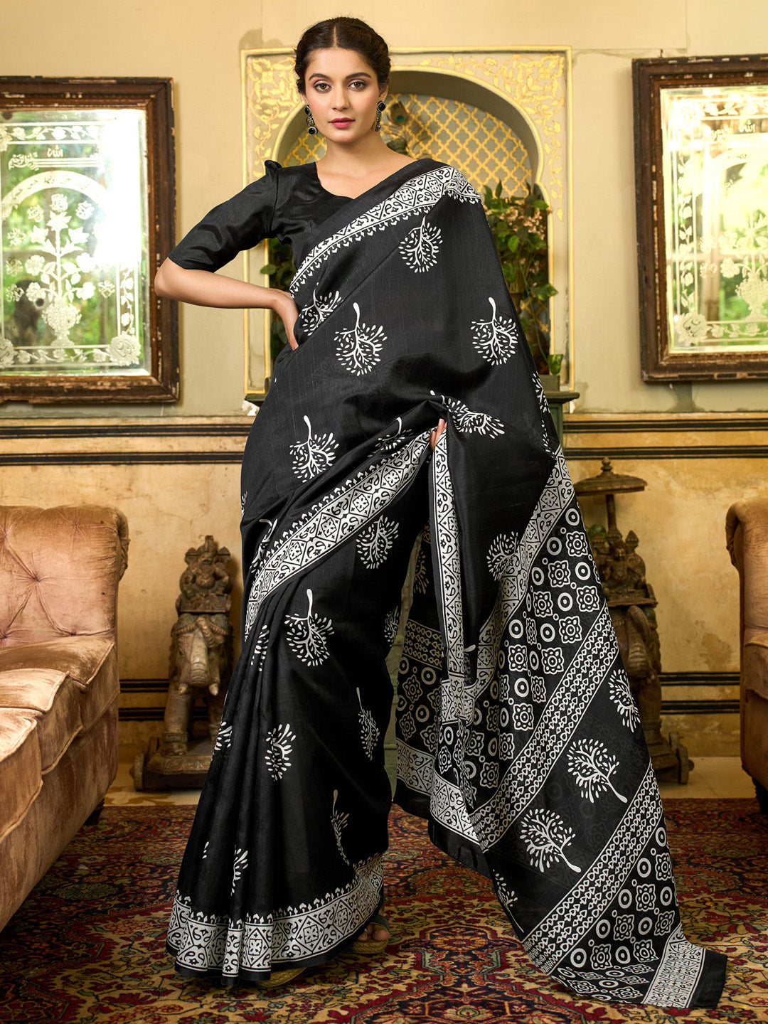 NOZ2TOZ Women's Bhagalpuri Silk Black Printed Designer Saree With Blouse Piece - Distacart