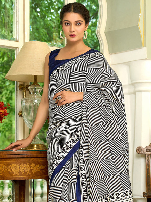 NOZ2TOZ Women's Bhagalpuri Silk Navy Blue Printed Designer Saree With Blouse Piece - Distacart