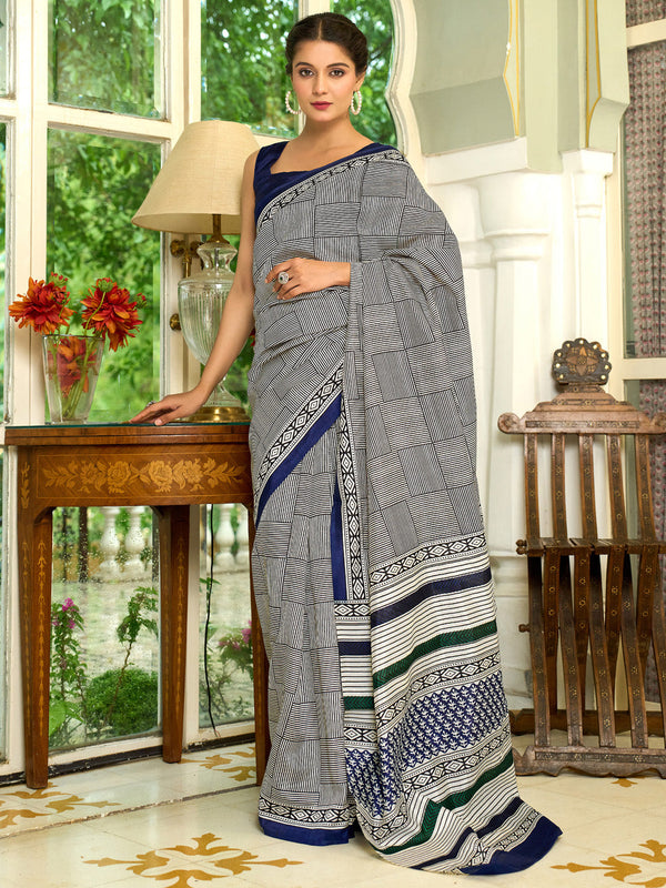 NOZ2TOZ Women's Bhagalpuri Silk Navy Blue Printed Designer Saree With Blouse Piece - Distacart