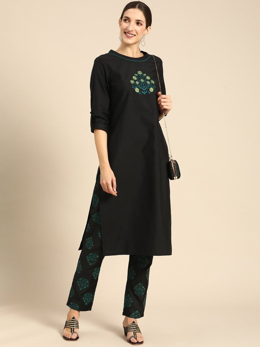 All About You Women Black Floral Yoke Design Regular Thread Work Kurta with Trousers - Distacart
