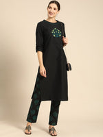 Thumbnail for All About You Women Black Floral Yoke Design Regular Thread Work Kurta with Trousers - Distacart
