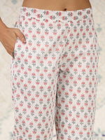 Thumbnail for Ode by House of Pataudi Ethnic Motifs Printed Band Collar Pure Cotton Kurta with Trousers - Distacart