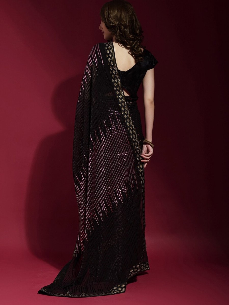 Anouk Black & Pink Embellished Sequinned Pure Georgette Saree - Distacart