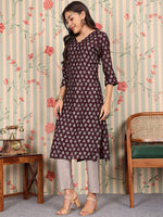 Thumbnail for Ode by House of Pataudi V Neck Printed Regular Chanderi Silk Straight Kurta Set - Distacart