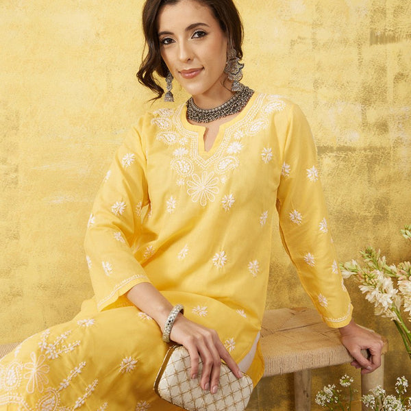 ADA Women Yellow & White Chikankari Embroidered Straight Sustainable Handloom Kurta - Distacart