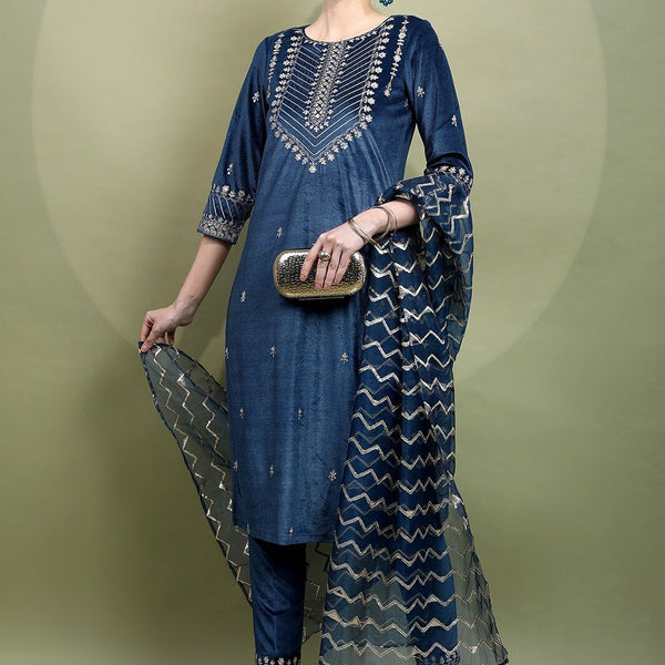 Vishudh Women Teal Embroidered Knited Velvet Kurta with Trousers & Dupatta - Distacart