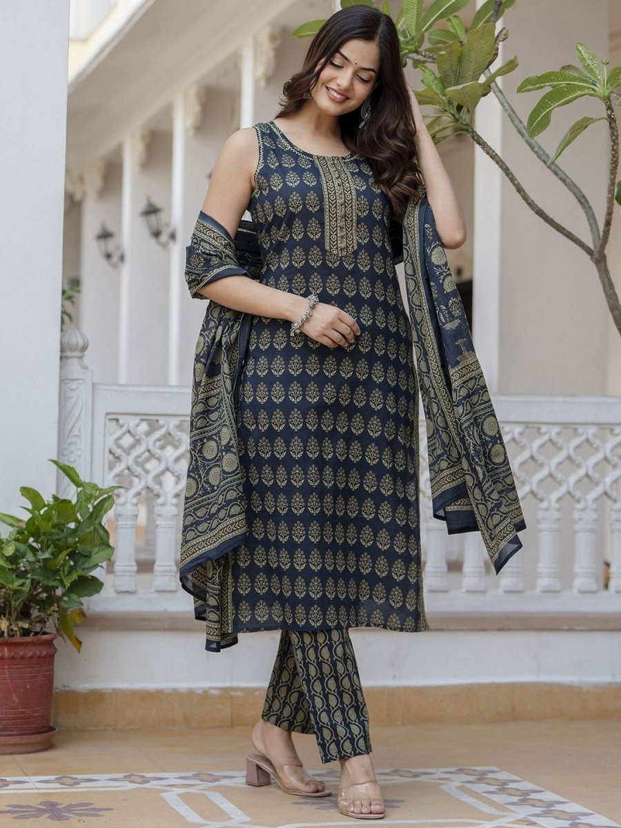 Anouk Ethnic Motifs Printed Regular Pure Cotton Straight Kurta With Trousers & Dupatta