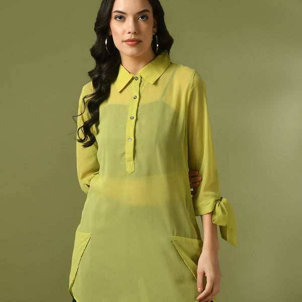 Myshka Women's Yellow Solid Georgette Longline Party Sheer Tunic - Distacart